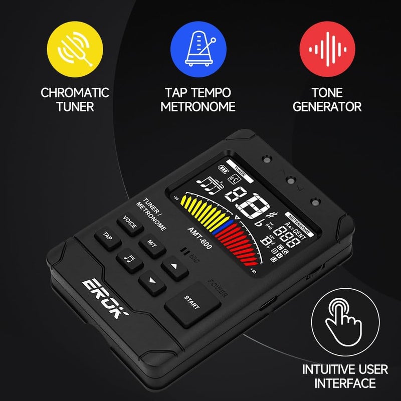 EROK Digital Metronome & Tuner - All-in-One Rechargeable with Stereo Headphone Output, Voice Counting, Ideal for Guitar, Bass, Violin & String Instruments(Black) - Image 4